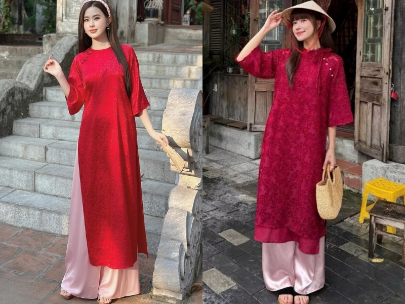 phối áo dài đỏ với quần màu hồng pastel bóng