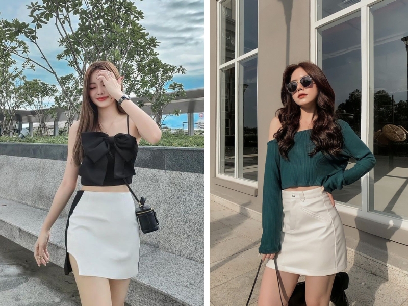 áo croptop phối cùng chân váy trắng ngắn