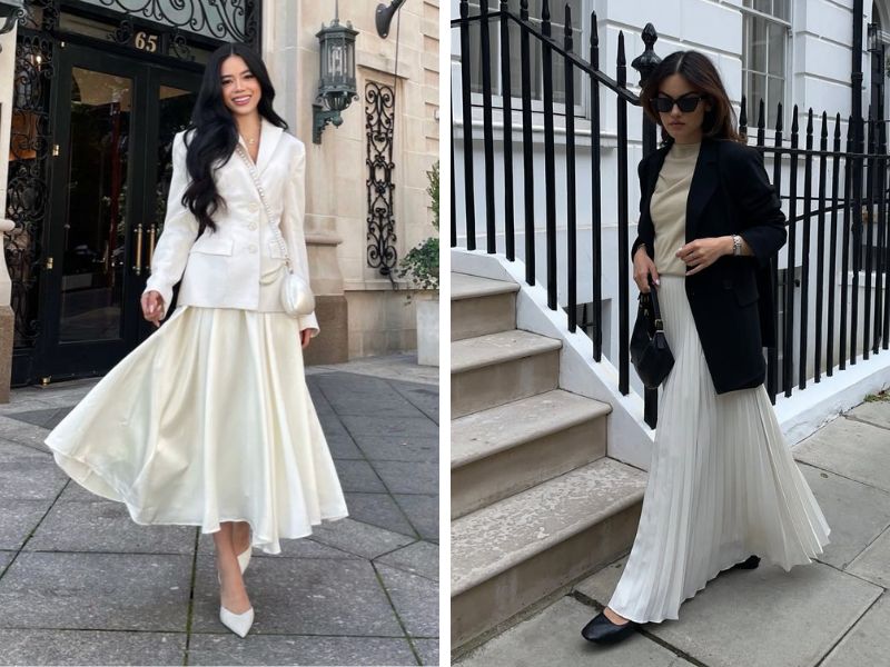 outfit chân váy trắng dài và áo blazer