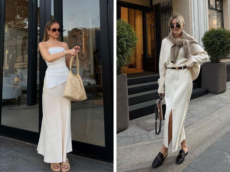 outfit tone sur tone với chân váy trắng dài