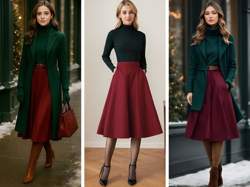 Phối chân váy đỏ và áo len xanh lá đậm
