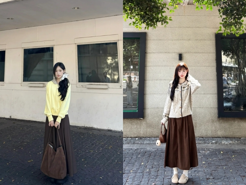 Chân váy nâu mix sweater 
