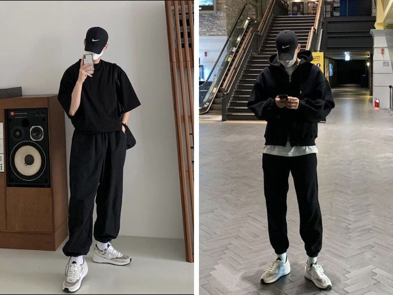 quần jogger với áo thun hoặc áo hoodie