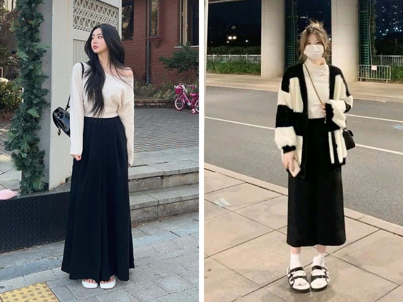 áo trắng với chân váy đen dài và cardigan