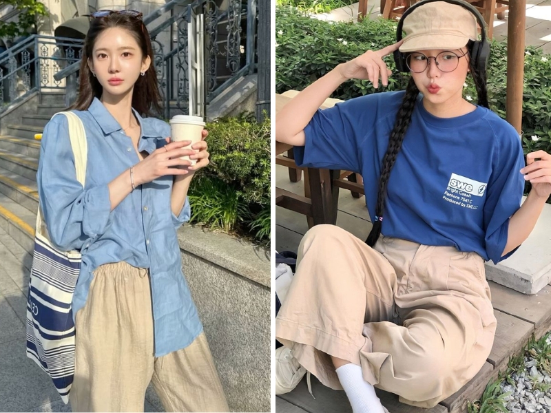 Outfit áo xanh dương mặc quần trắng kem cho nữ
