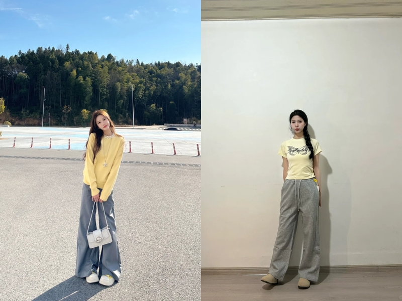 Áo vàng kết hợp quần xám 