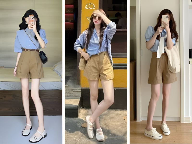 Phối quần short nâu và áo sơ mi màu xanh dương