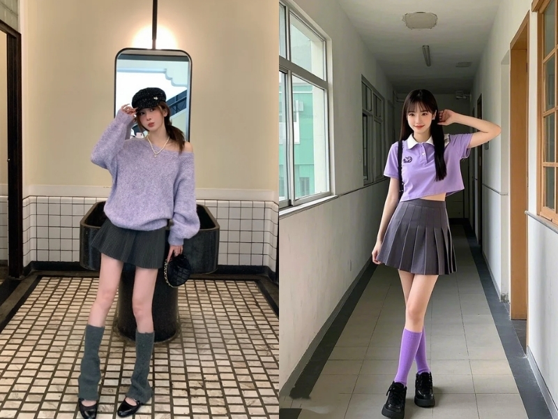 phối đồ sắc tím với màu xám