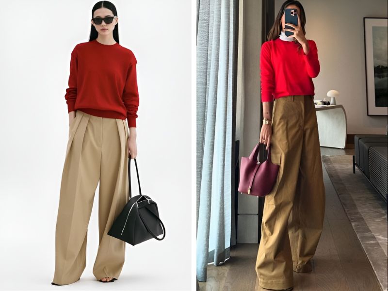 Phối quần màu nâu và áo màu đỏ