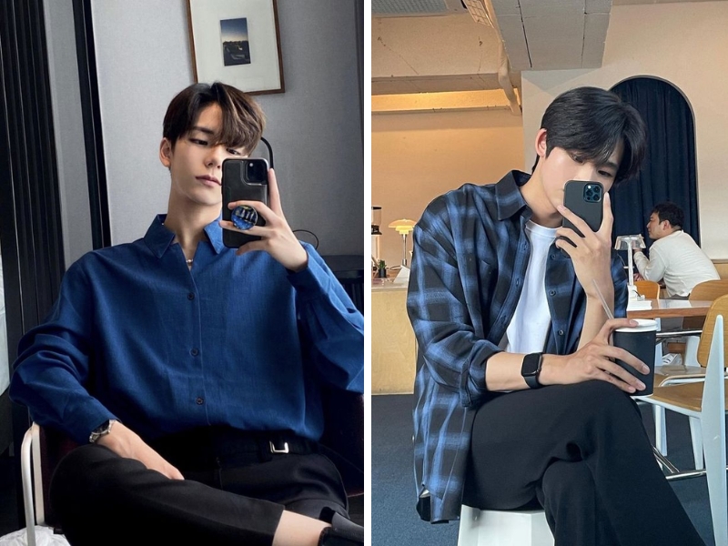 Áo sơ mi xanh dương mặc với quần tây đen cho nam