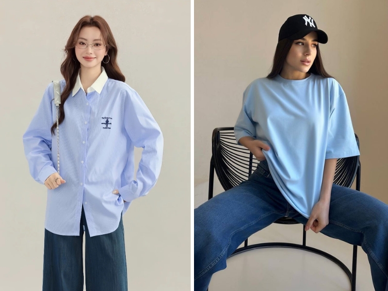Outfit tone-sur-tone xanh dương cho nữ