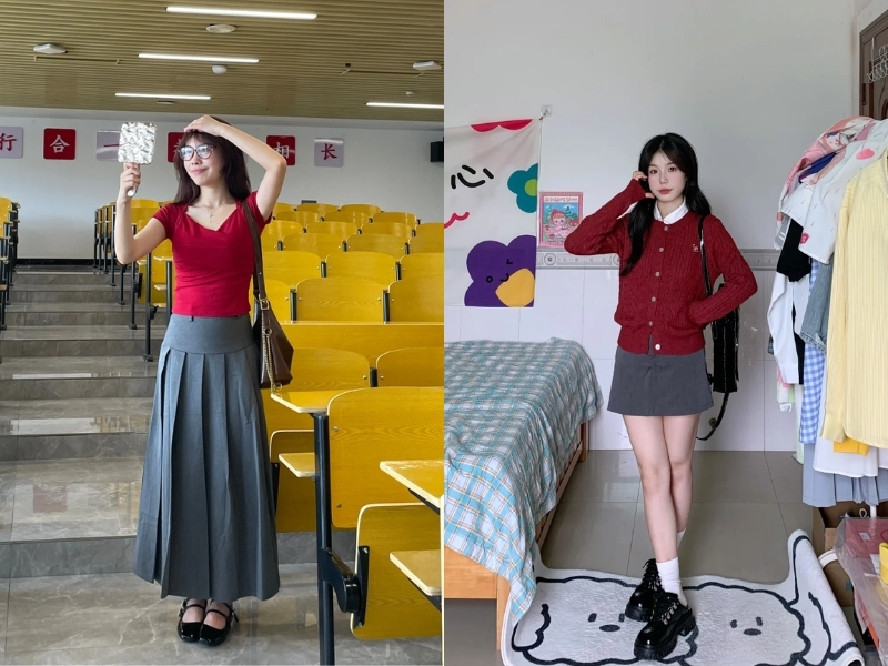 Phối đồ màu đỏ với màu xám