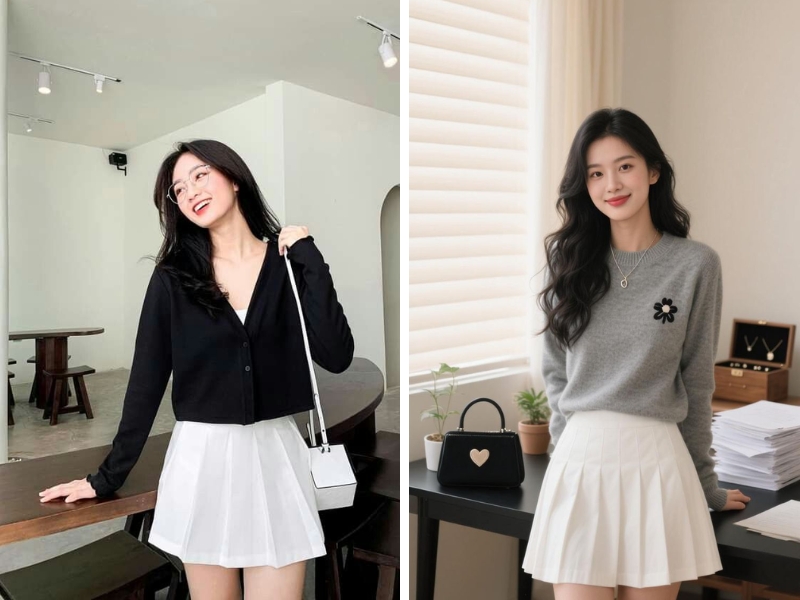 Phối áo hoodie len cùng chân váy xếp ly trắng