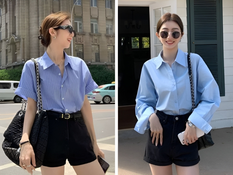 Phối áo sơ mi xanh dương cùng với quần short đen 