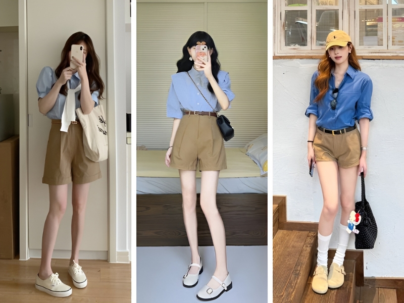 Phối áo sơ mi xanh dương và quần short nâu 