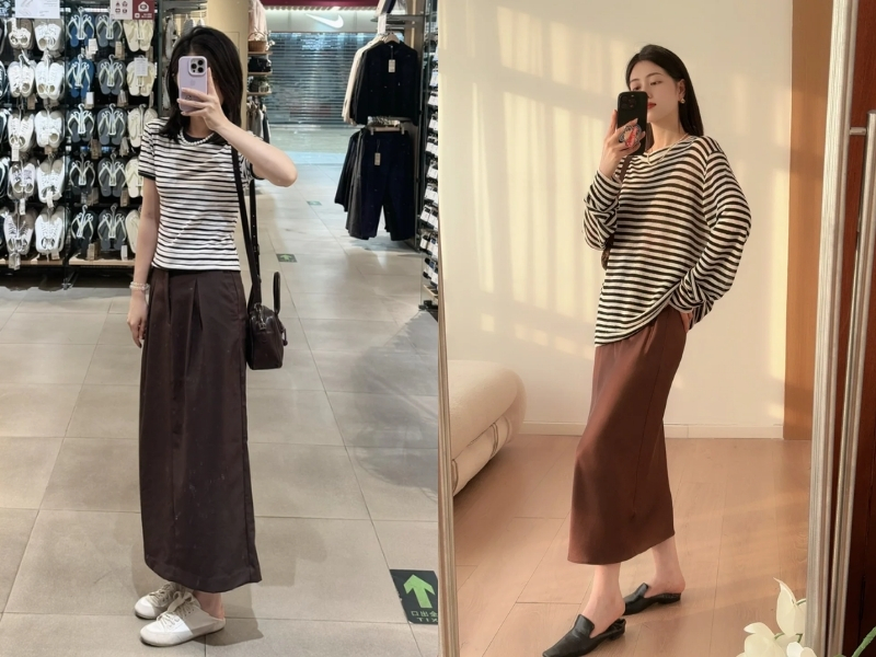 phối sắc kẻ sọc trung tính kết hợp chân váy nâu 