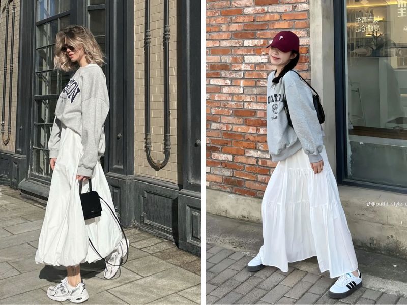 chân váy trắng áo hoodie