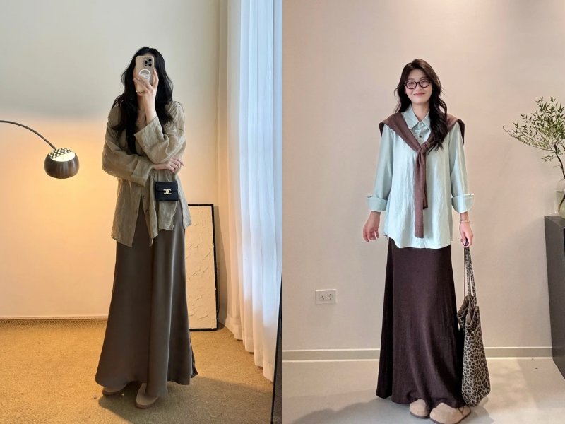 Phối đồ chân váy nâu kết hợp áo sơ mi 