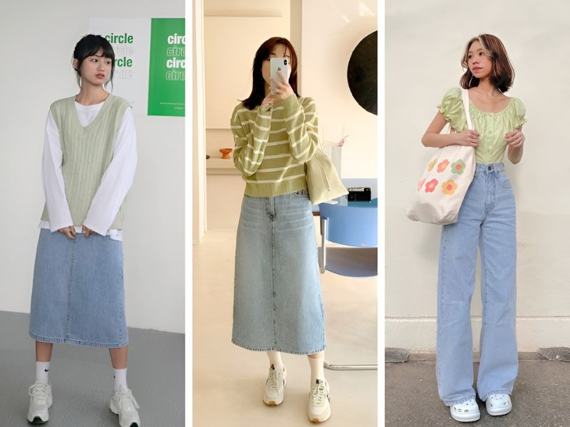 Phối áo xanh bơ và chân váy hoặc quần jean 