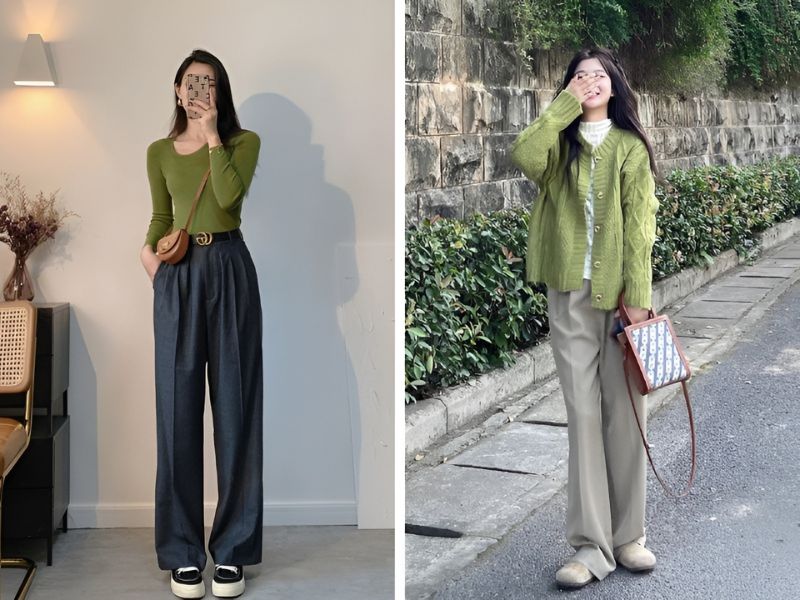 Phối áo xanh bơ với quần màu xám 
