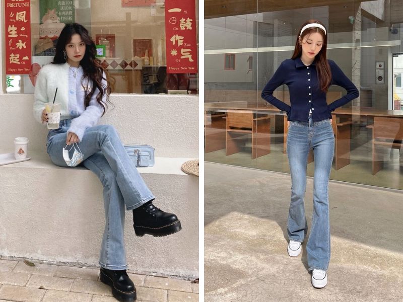 giày boots và giày sneaker với quần ống loe