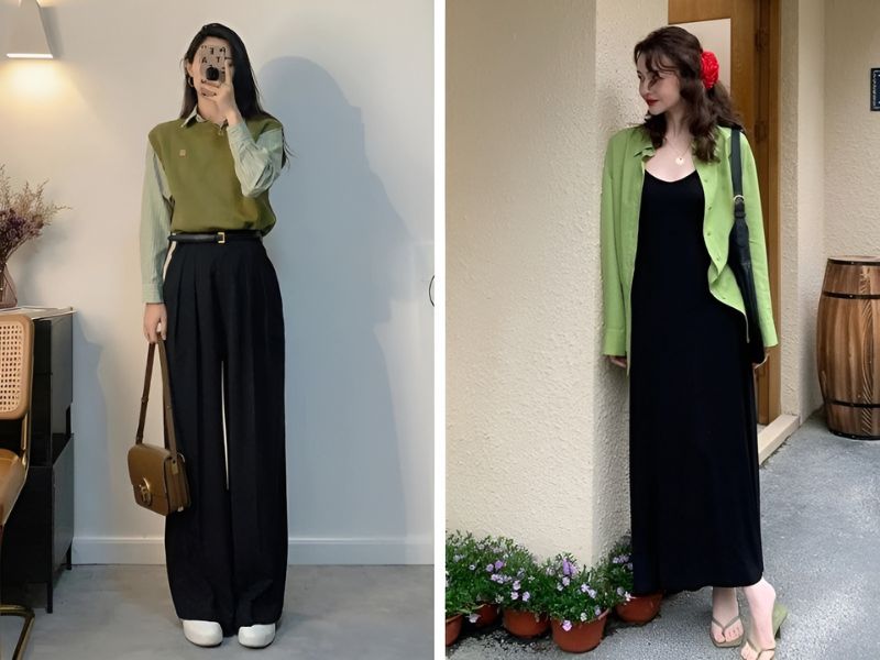 Phối đồ màu xanh bơ và màu đen 