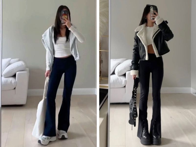 áo trắng quần loe đen áo khoác cardigan áo khoác da