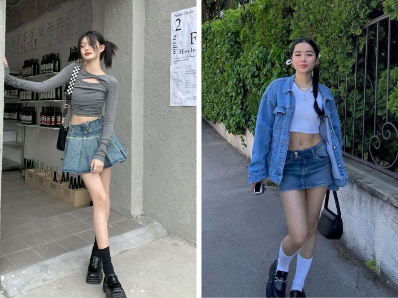 áo croptop và chân váy jean ngắn