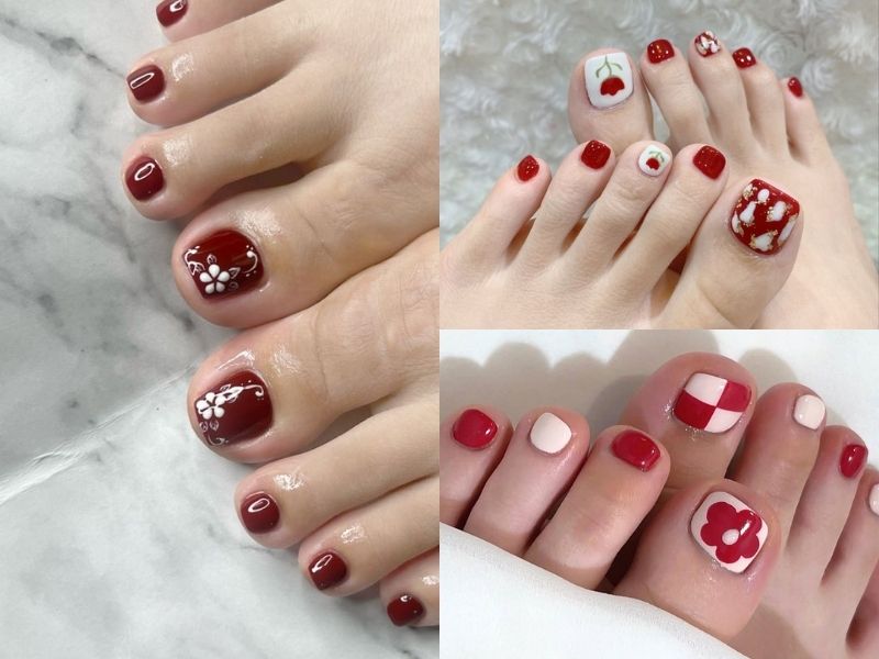 nail đỏ rượu vẽ hoa