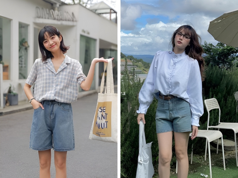 Phối quần short jean và áo sơ mi xanh dương