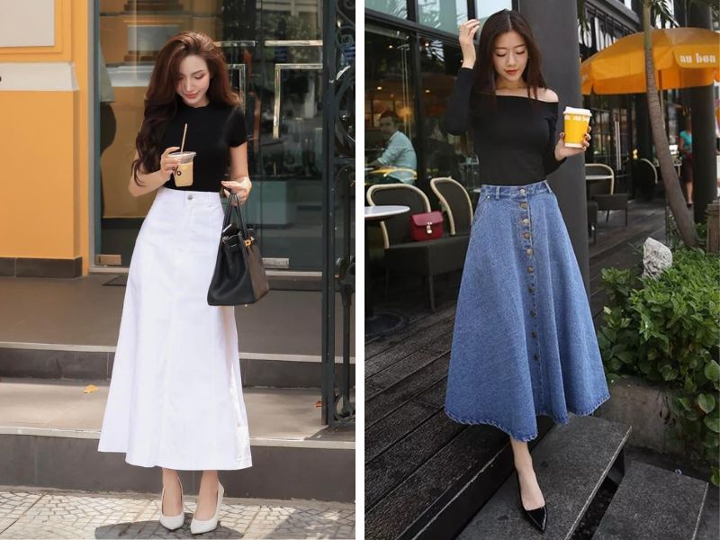 giày cao gót và chân váy jean dài