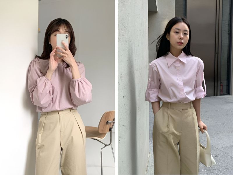 Phối áo màu hồng và quần màu kem