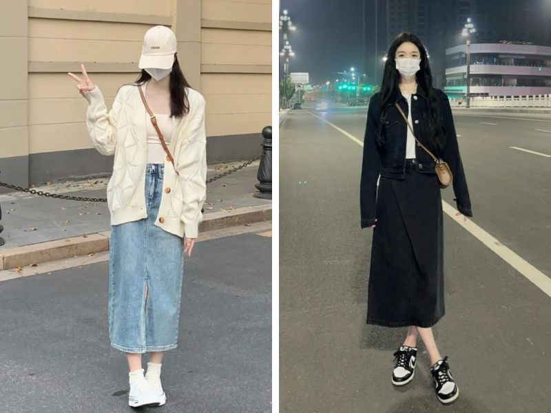 chân váy jean giày thể thao