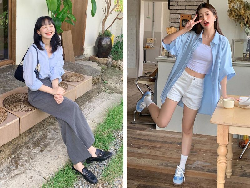 áo sơ mi với quần tây hoặc quần short jean