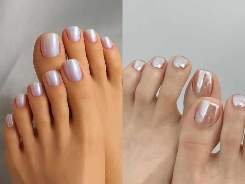 móng chân màu trắng ngọc trai tráng gương