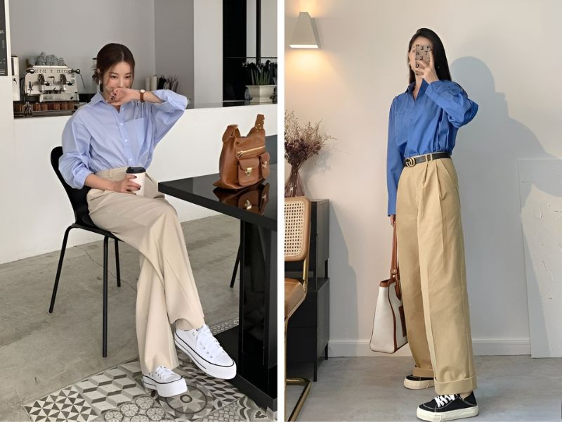 Phối áo sơ mi và quần màu kem