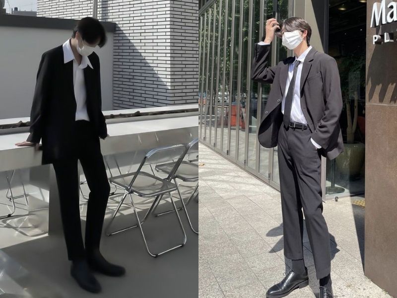 Blazer và quần đen phối sơ mi trắng