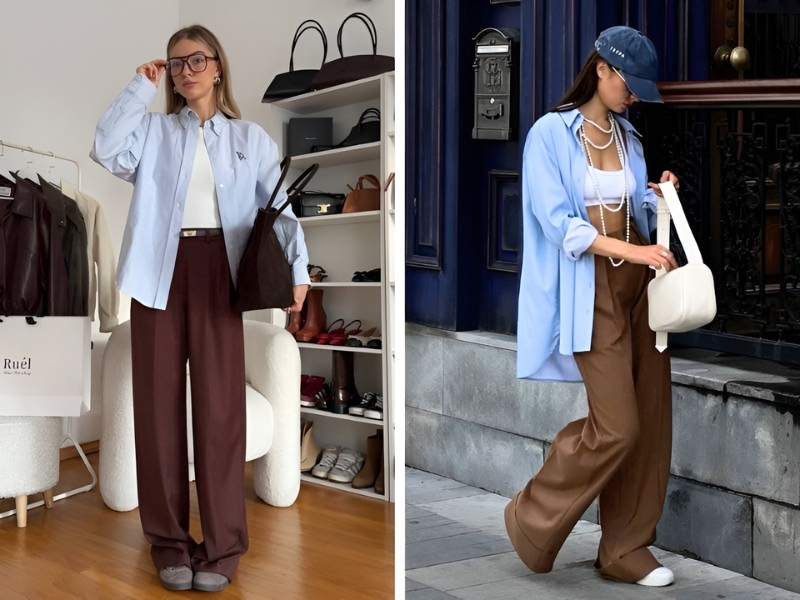 Phối áo sơ mi xanh dương và quần nâu