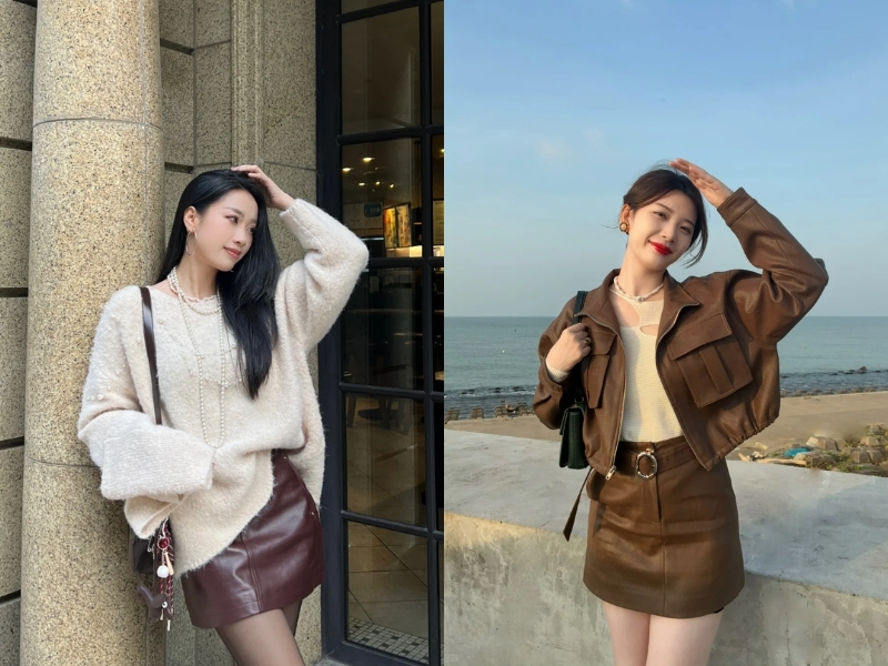 Áo be nhẹ nhàng mix chân váy da nâu
