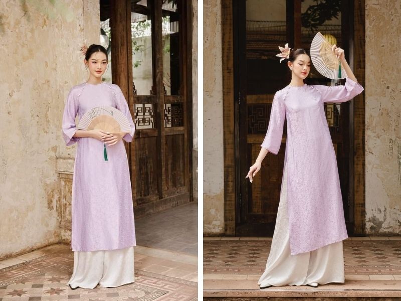 Áo dài tím mặc với quần màu kem