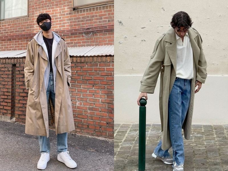 Trench coat phối áo thun, quần jeans