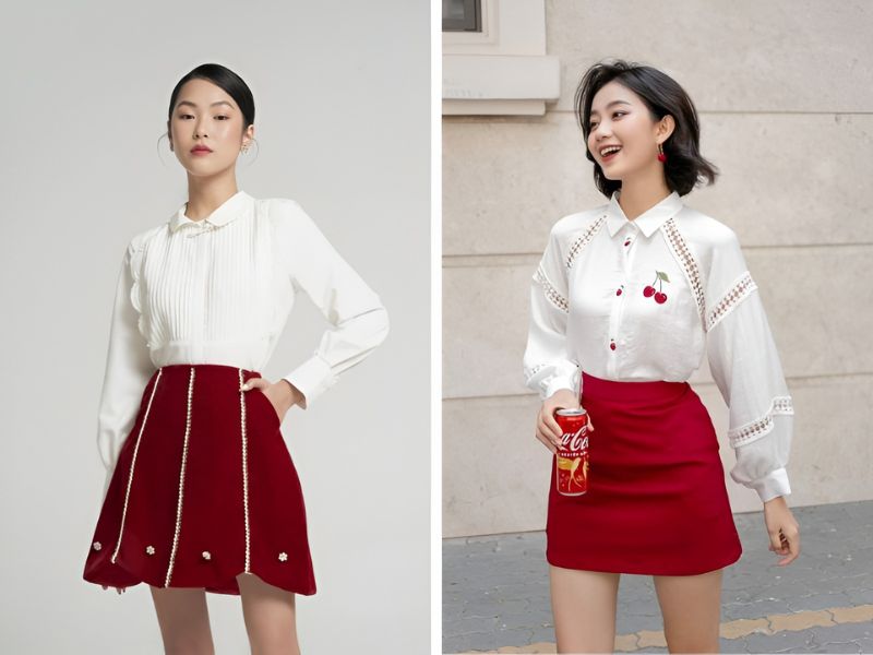 Phối áo sơ mi trắng và chân váy đỏ