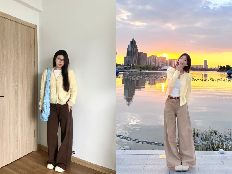 Áo vàng kết hợp quần nâu