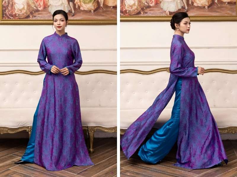 Áo dài tím kết hợp với quần màu xanh dương