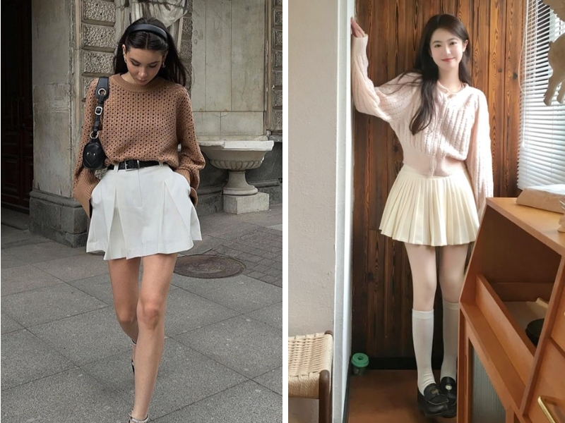 Áo len phối chân váy trắng