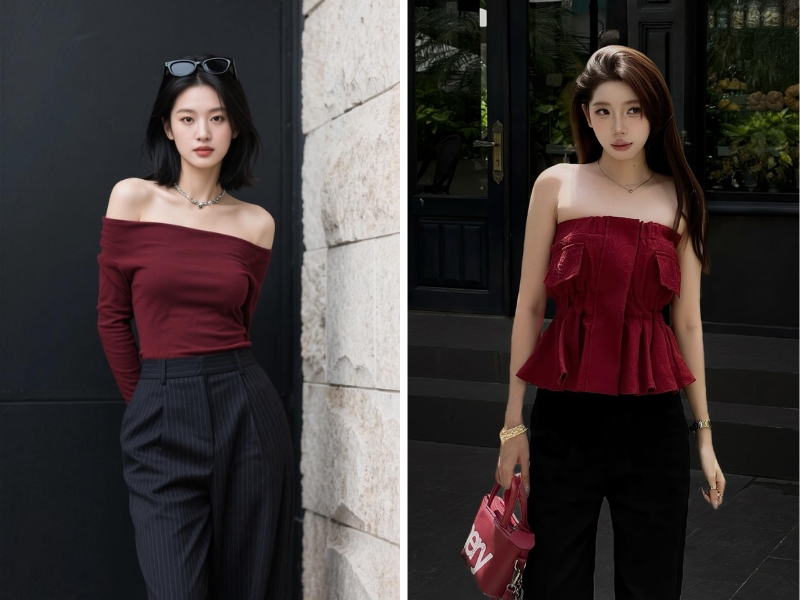 Quần đen mặc với áo ống đỏ hoặc áo bẹt vai tay dài màu đỏ