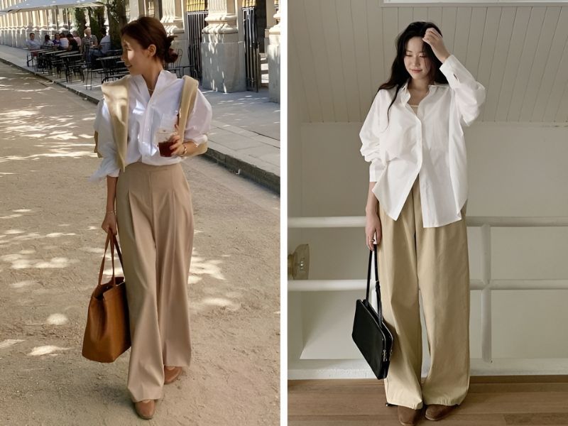Phối áo sơ mi trắng và quần kaki 