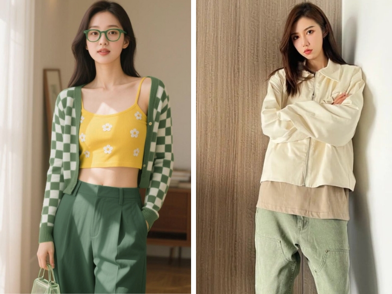 Quần màu rêu kết hợp với áo màu vàng