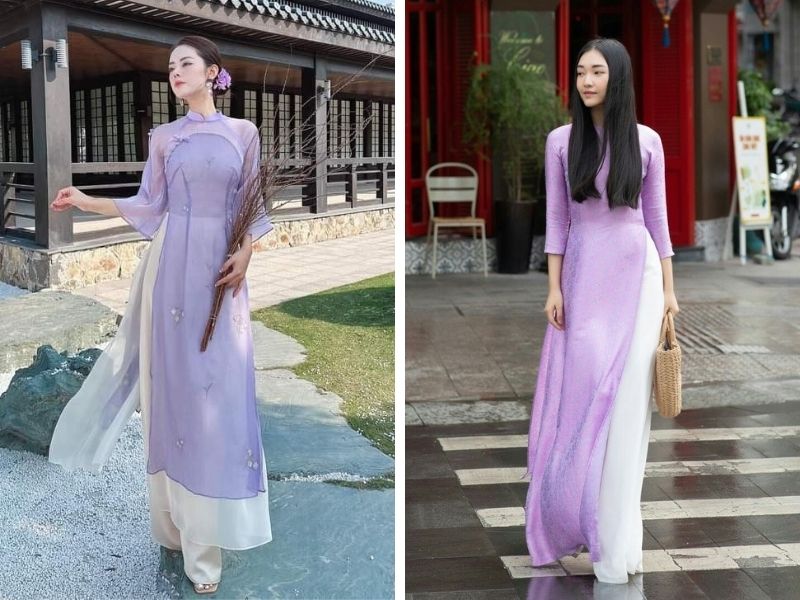 Áo màu tím kết hợp với quần màu trắng