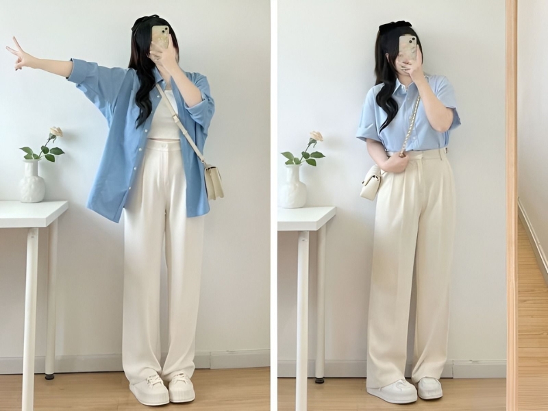 Tôn da với outfit màu xanh dương và trắng 